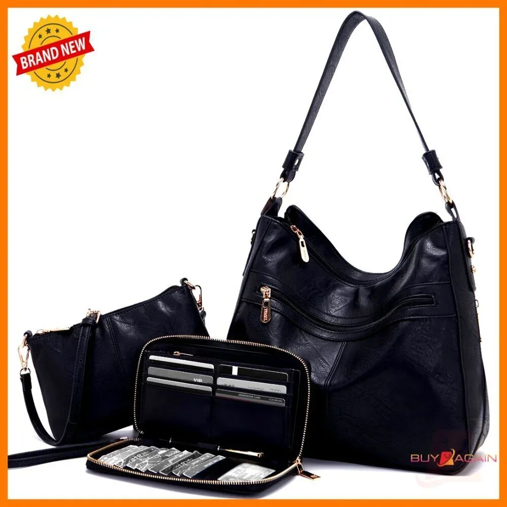 Large Vegan Leather Hobo Tote Crossbody Bag Set with Wallet